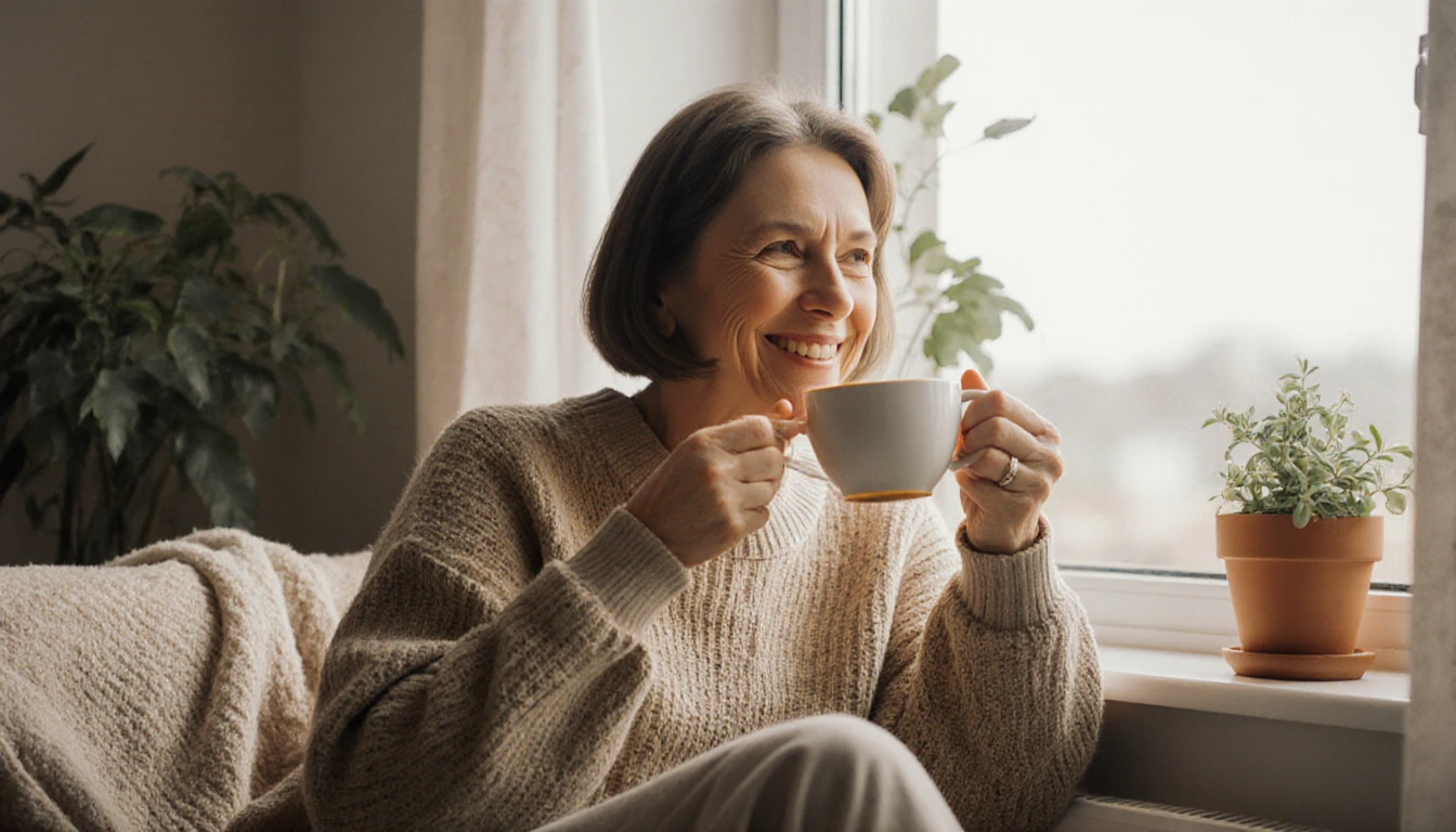 Woman in 40s sitting next to window sipping tea