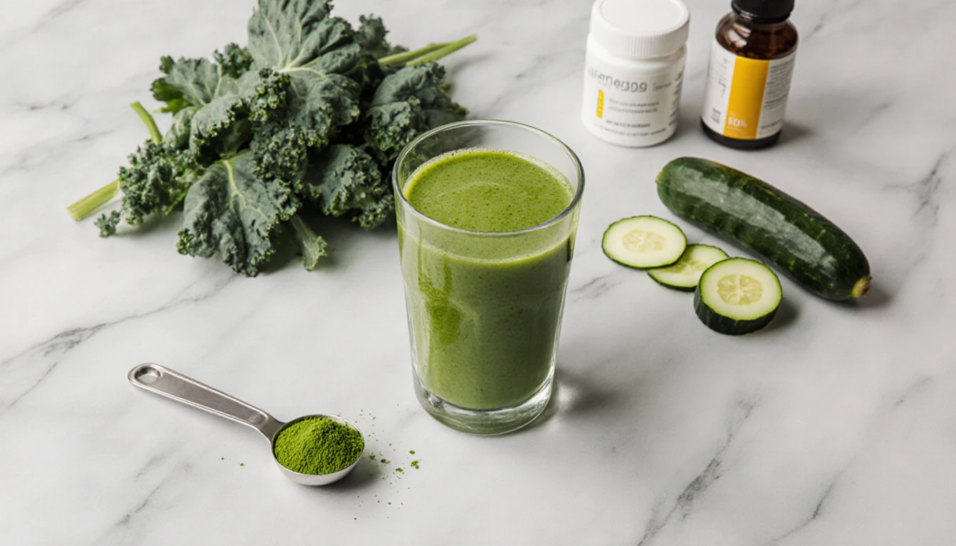 Green smoothie with supergreens powder and fresh vegetables for women over 35