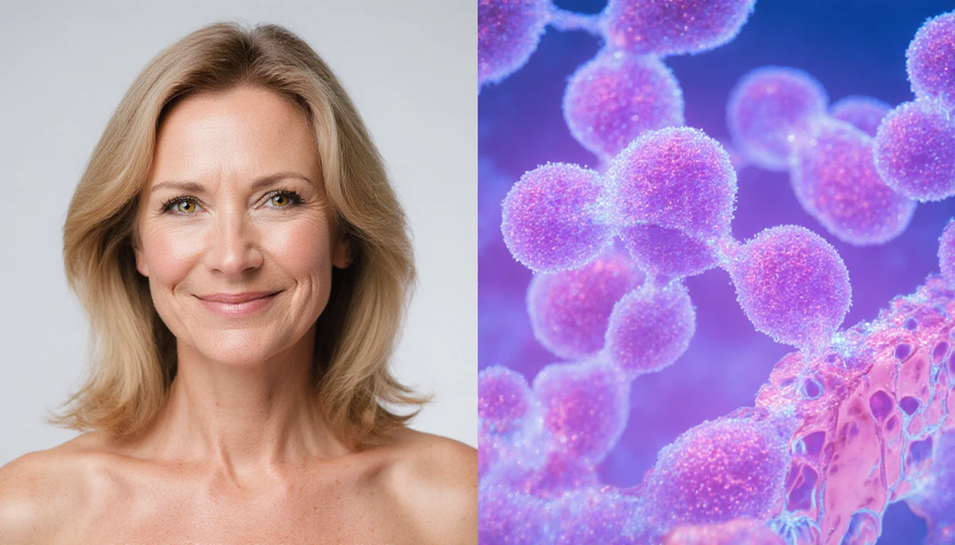 Woman over 35 with healthy skin alongside scientific illustration of collagen structure and skin layers