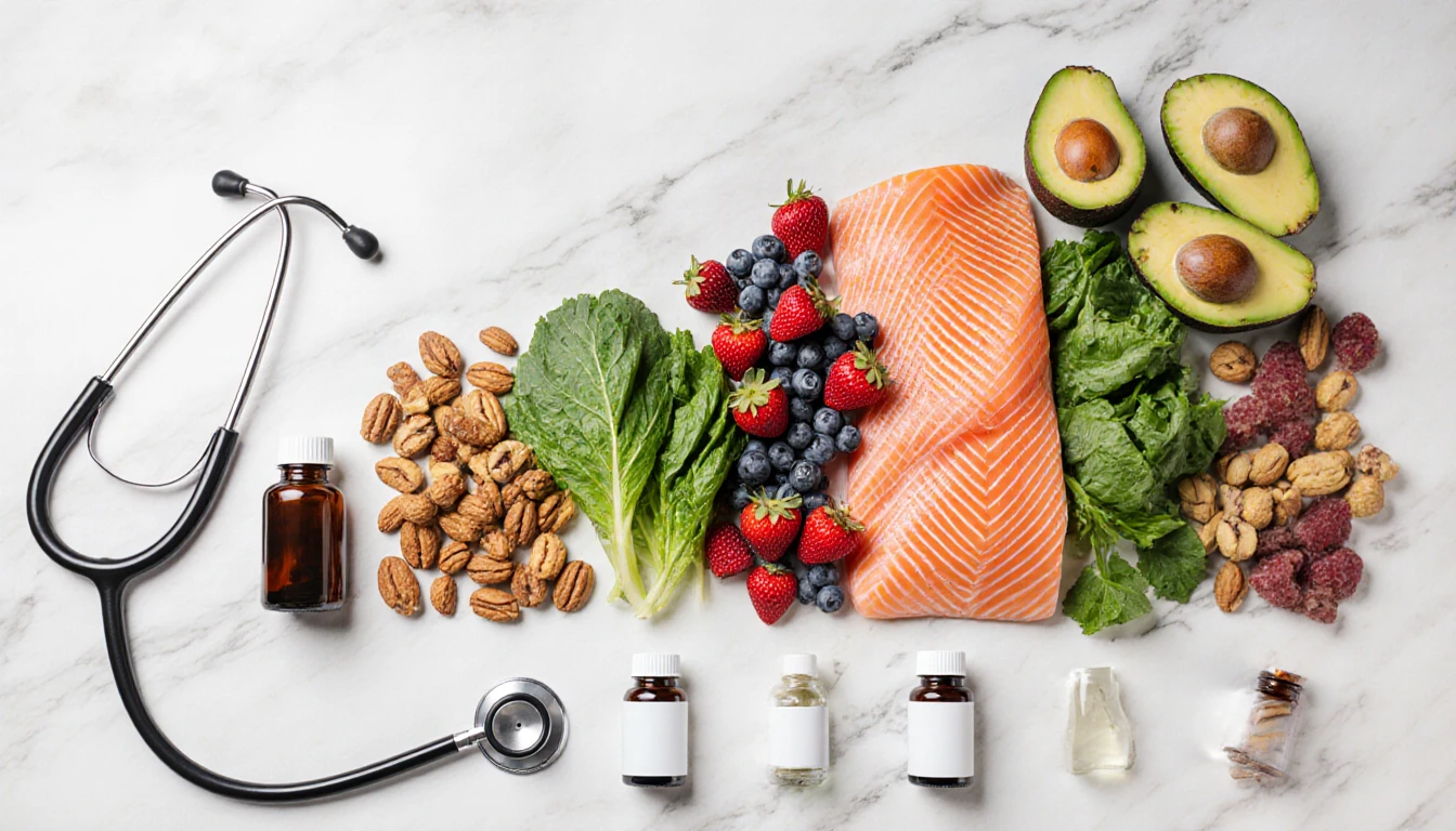 Colorful array of nutrient-rich foods and supplements representing women's health nutrients at different life stages
