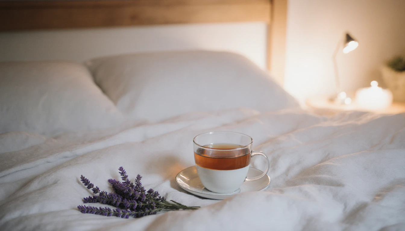 Peaceful bedroom with chamomile tea and lavender for natural sleep support.