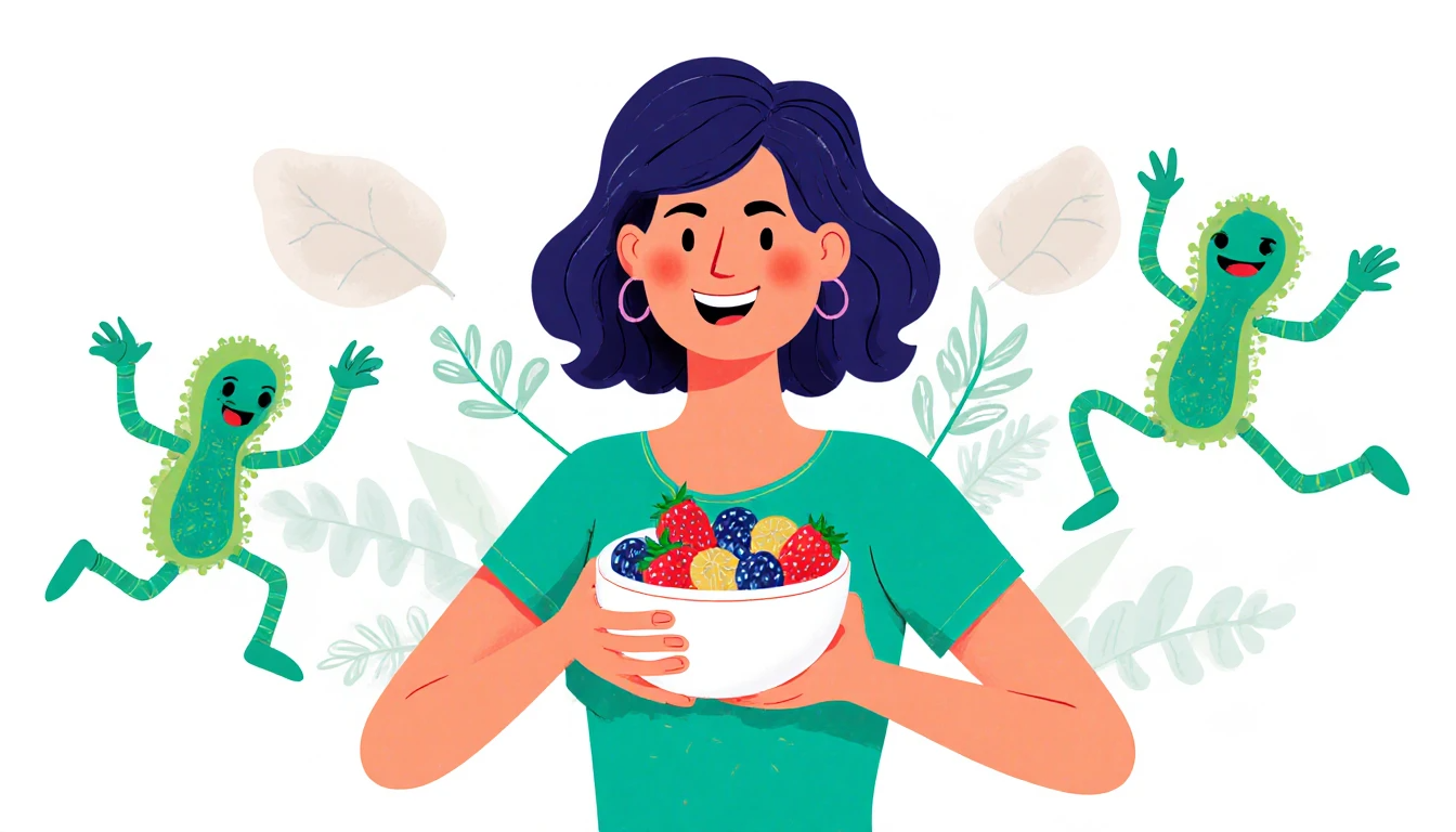 Happy woman over 35 enjoying probiotic-rich foods for gut health Probiotics vs Prebiotics