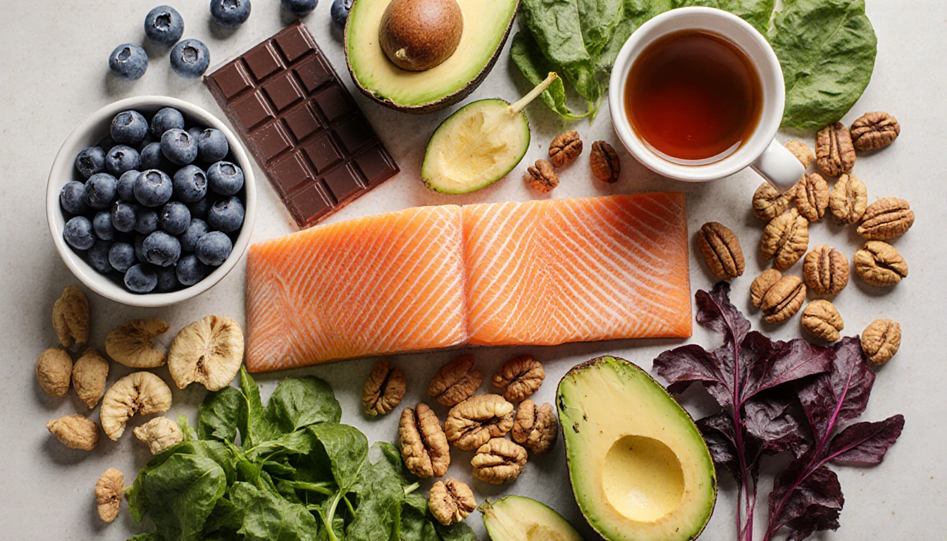 Colorful array of stress-busting nutrients including salmon, avocado, berries, and dark chocolate arranged on a light wooden background