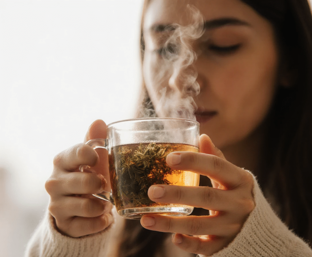 Woman's hands holding steaming herbal tea cup, promoting relaxation and stress relief