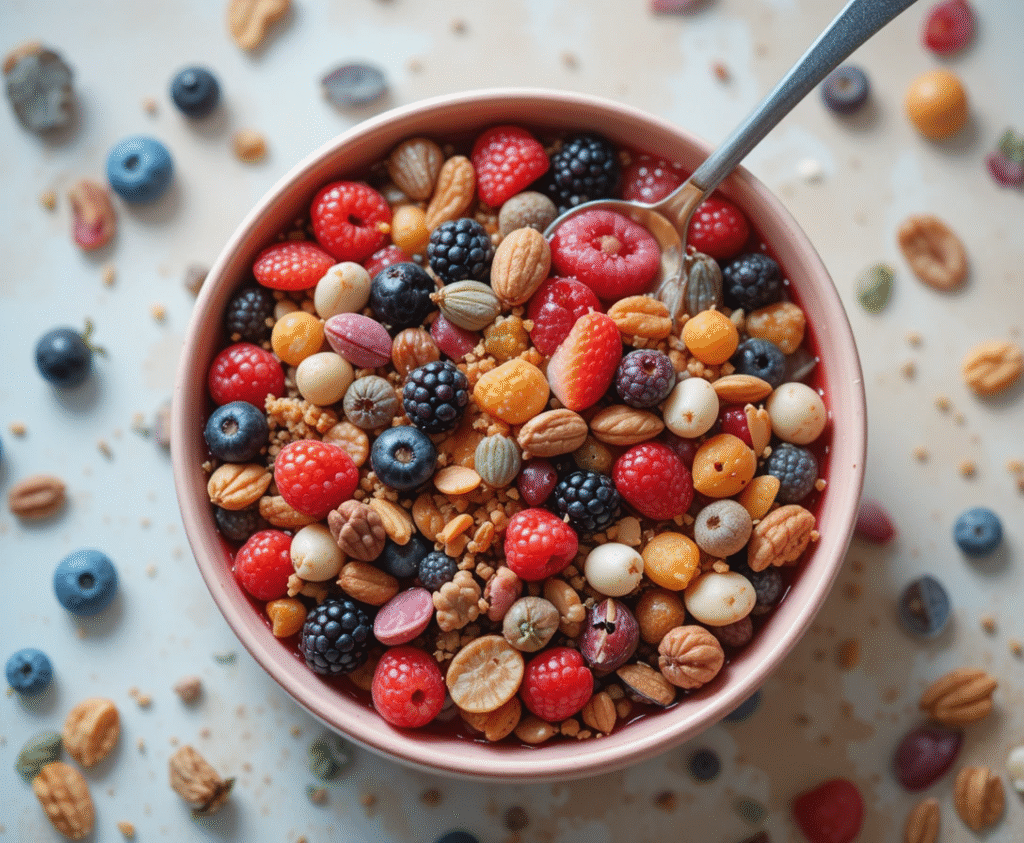 Nutrient-rich bowl of mixed berries, nuts, and seeds providing B-vitamins and stress-fighting compounds