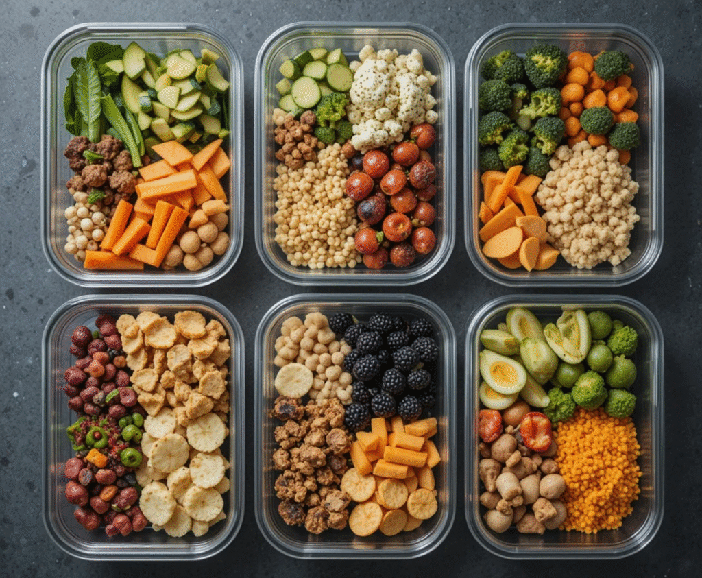 Meal prep containers filled with stress-busting nutrients including colorful vegetables, nuts, and healthy proteins