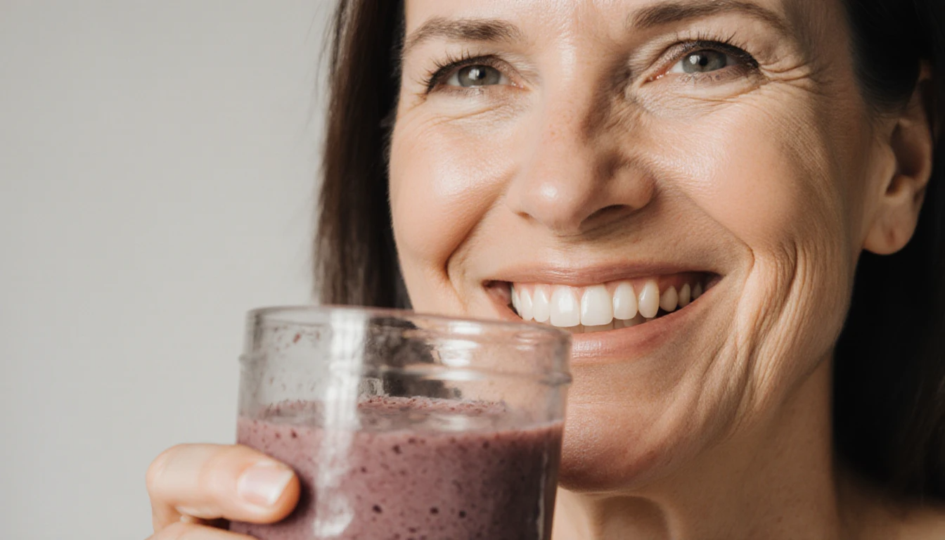 Woman over 35 enjoying a collagen-boosting smoothie for healthy skin and vitality.