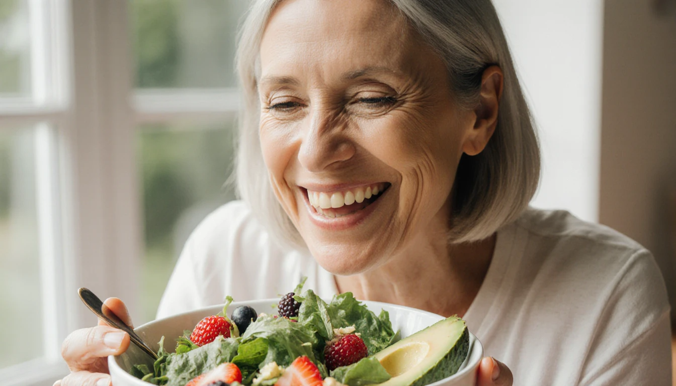 Woman over 35 enjoying an anti-aging diet rich in greens and antioxidants to slow wrinkles