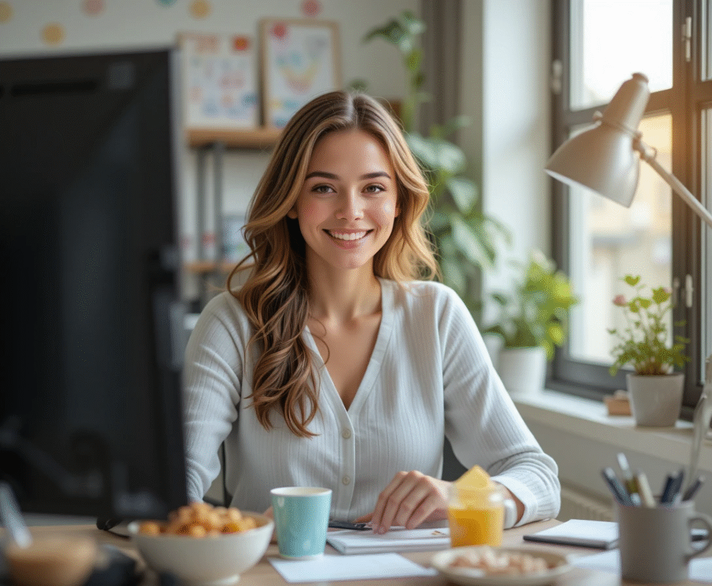 Energetic woman working productively in the afternoon with healthy snacks and water