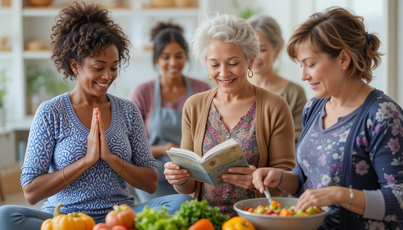 Women over 35 practicing daily habits that protect brain health long-term including exercise reading and healthy cooking