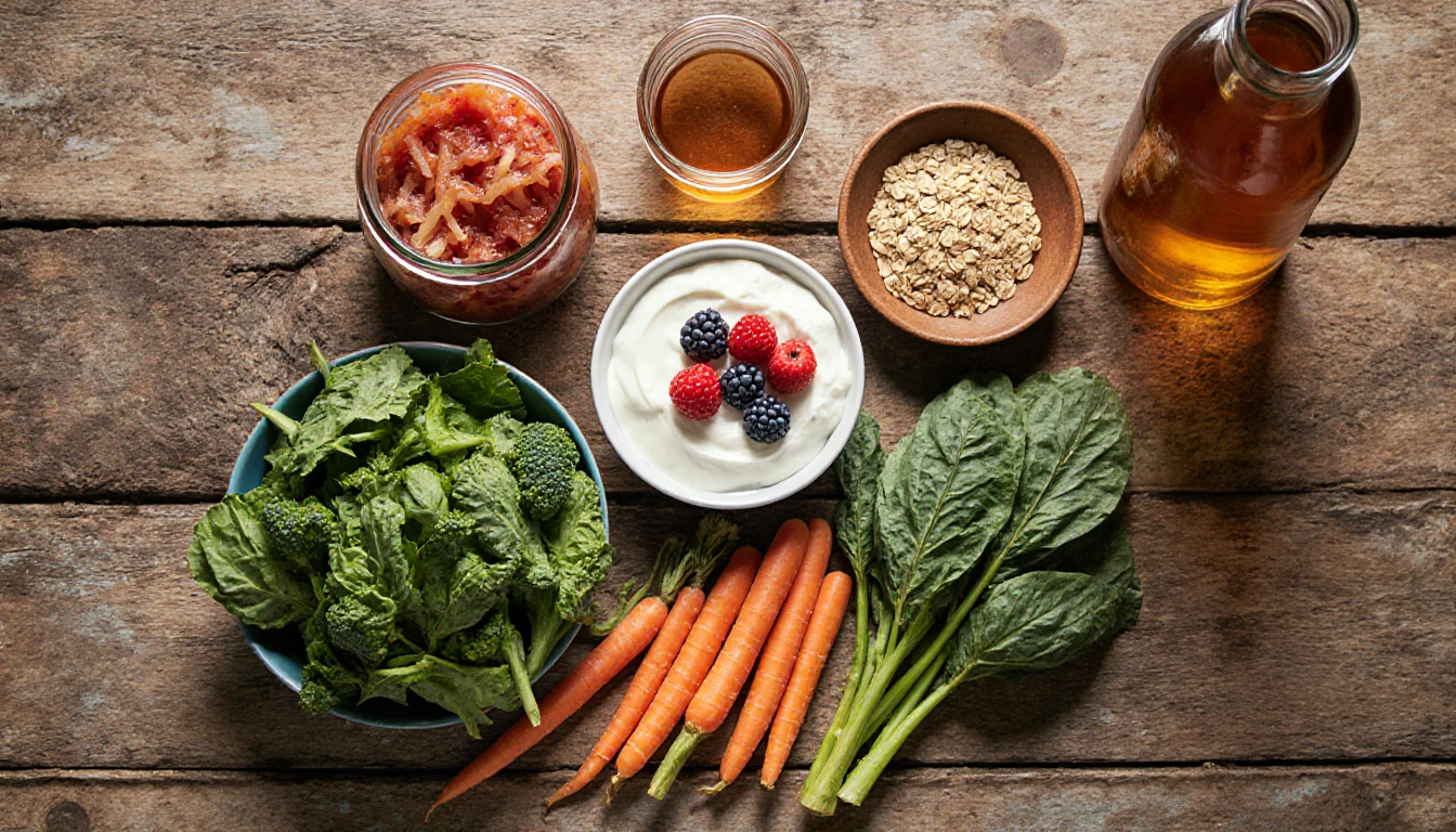 Flat lay of gut-friendly foods including yogurt, berries, fermented vegetables, whole grains, and tea for gut health in midlife women
