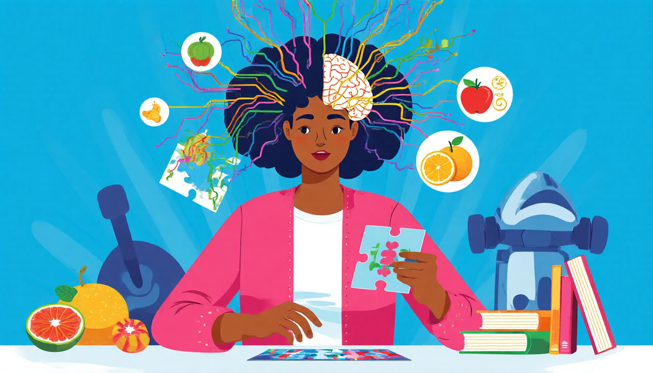 Woman practicing daily brain health habits including puzzles, healthy eating, and exercise