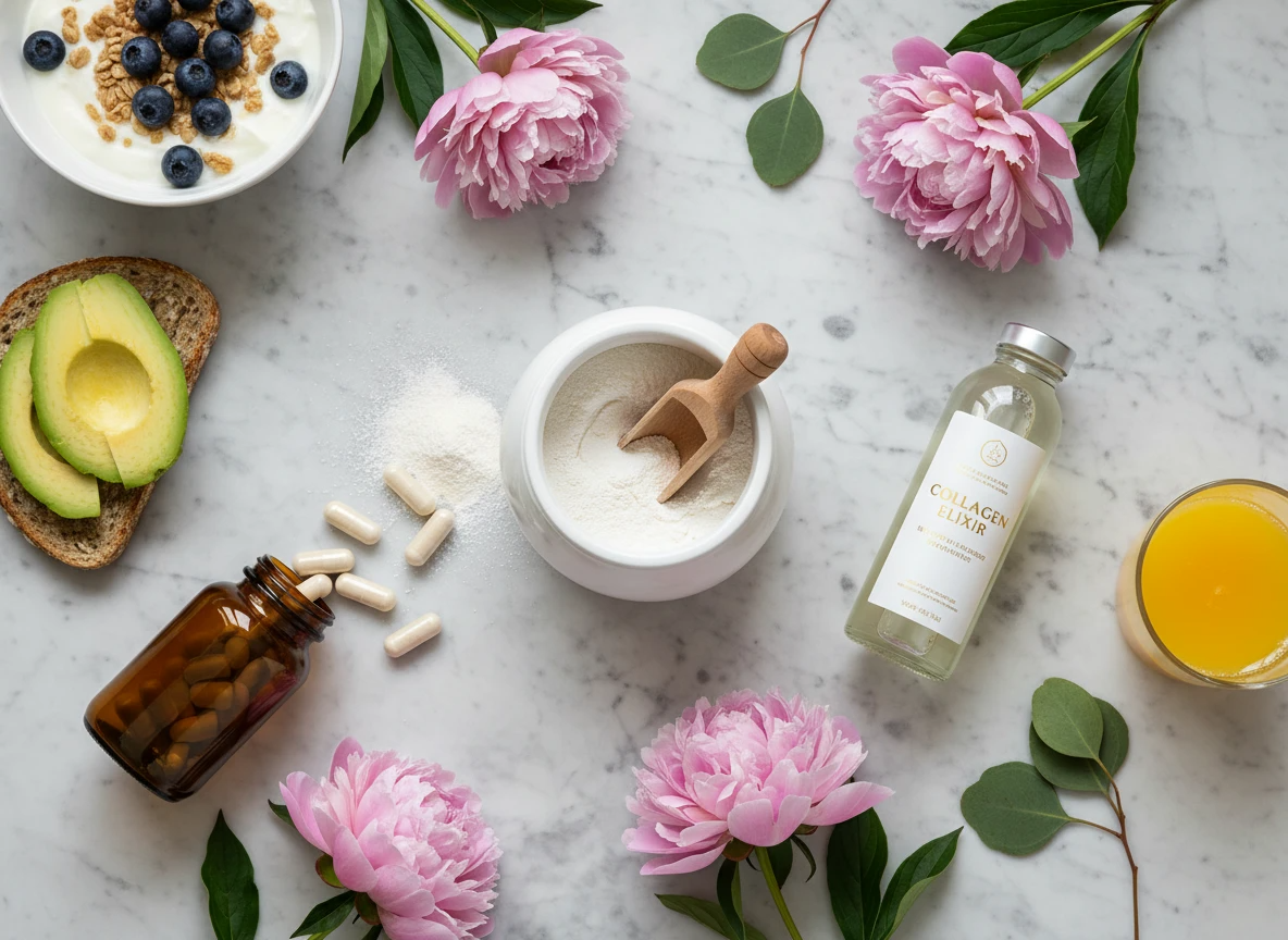 collagen supplements comparison . Collagen powder, pills, and drinks displayed side by side for comparison