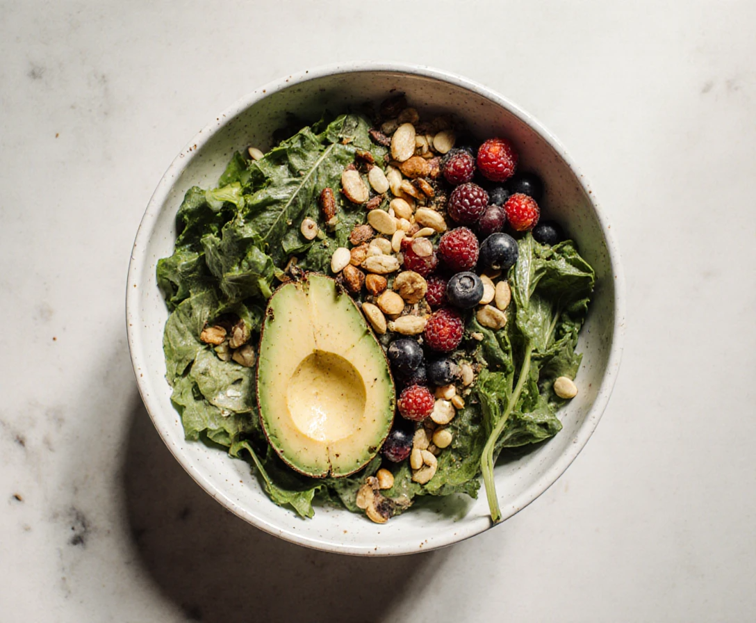 mood-supporting nutrients for women Colorful nutrient-rich bowl with salmon, greens, and berries showing mood-supporting foods for women