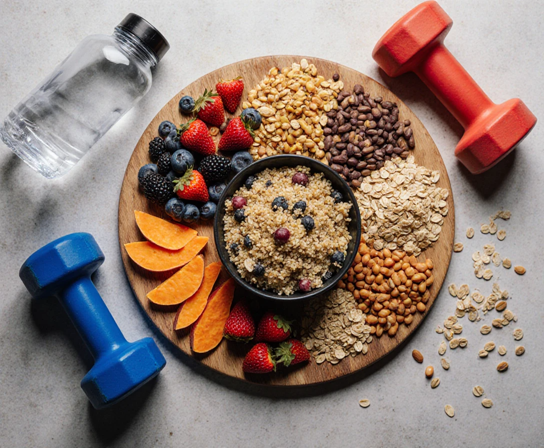 Colorful whole grain carbohydrates and fitness equipment showing healthy carbs and energy connection for women
