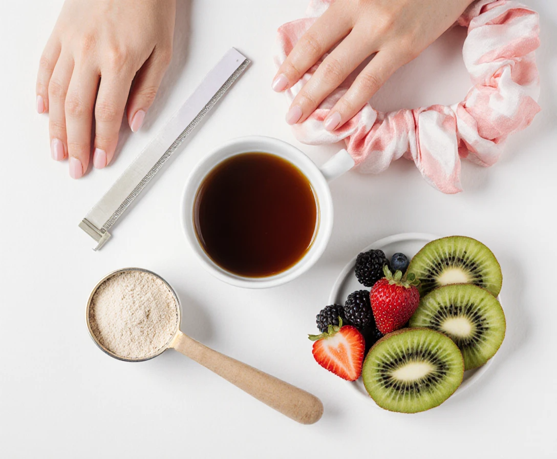 Flat-lay of collagen powder with tea, vitamin C-rich fruit, and nail care tools for women over 35. collagen for hair and nails