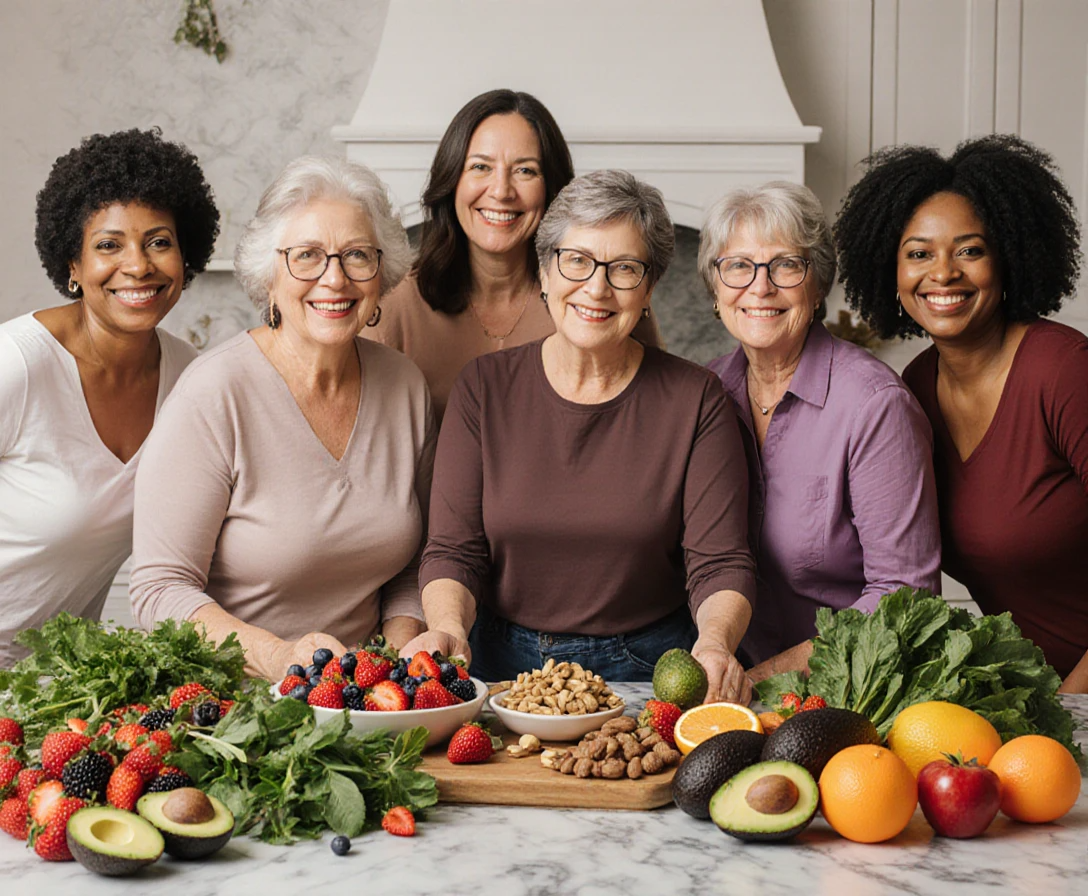 Happy women over 35 with glowing skin surrounded by nutrient-rich foods for natural radiance. nutrients for glowing skin