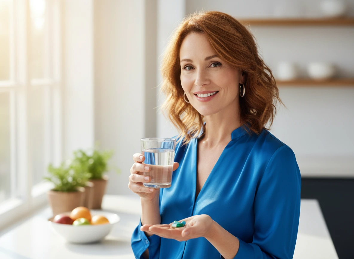 Healthy woman over 35 enjoying anti-aging supplements for youthful skin and vitality.