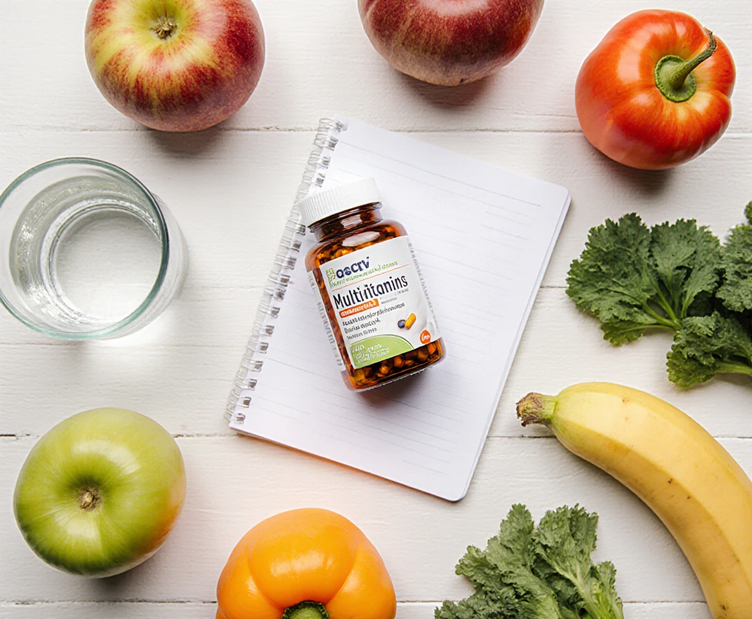 Multivitamins for women surrounded by fresh fruits and vegetables on white background