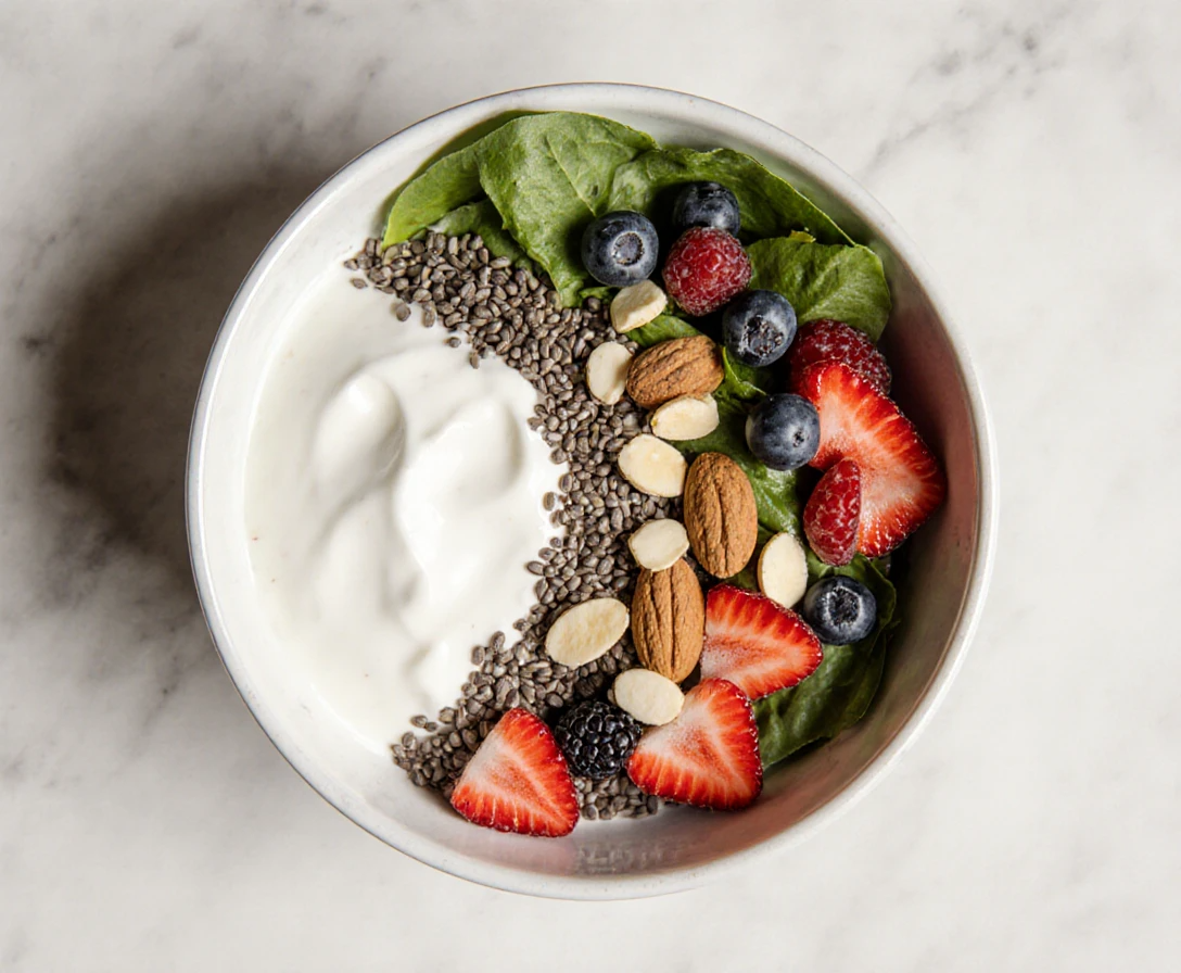 bone health nutrition for women. Nutritious breakfast bowl with bone-strengthening foods for women over 35 including yogurt calcium and leafy greens