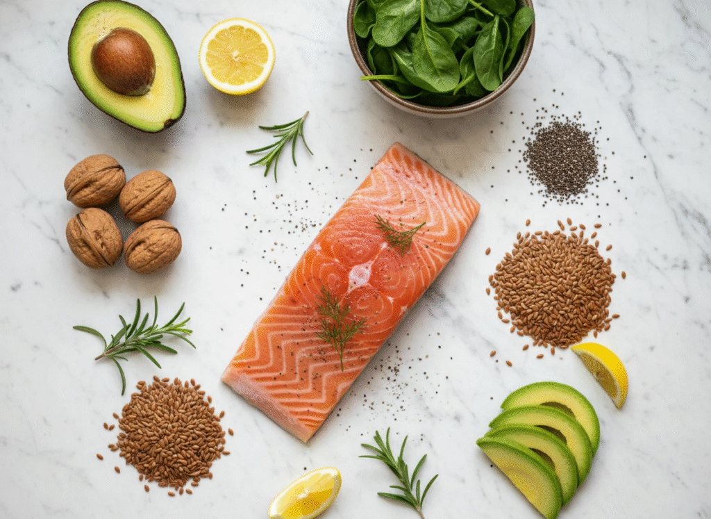 Omega-3 rich foods including salmon walnuts and avocado for skin hydration nutrients