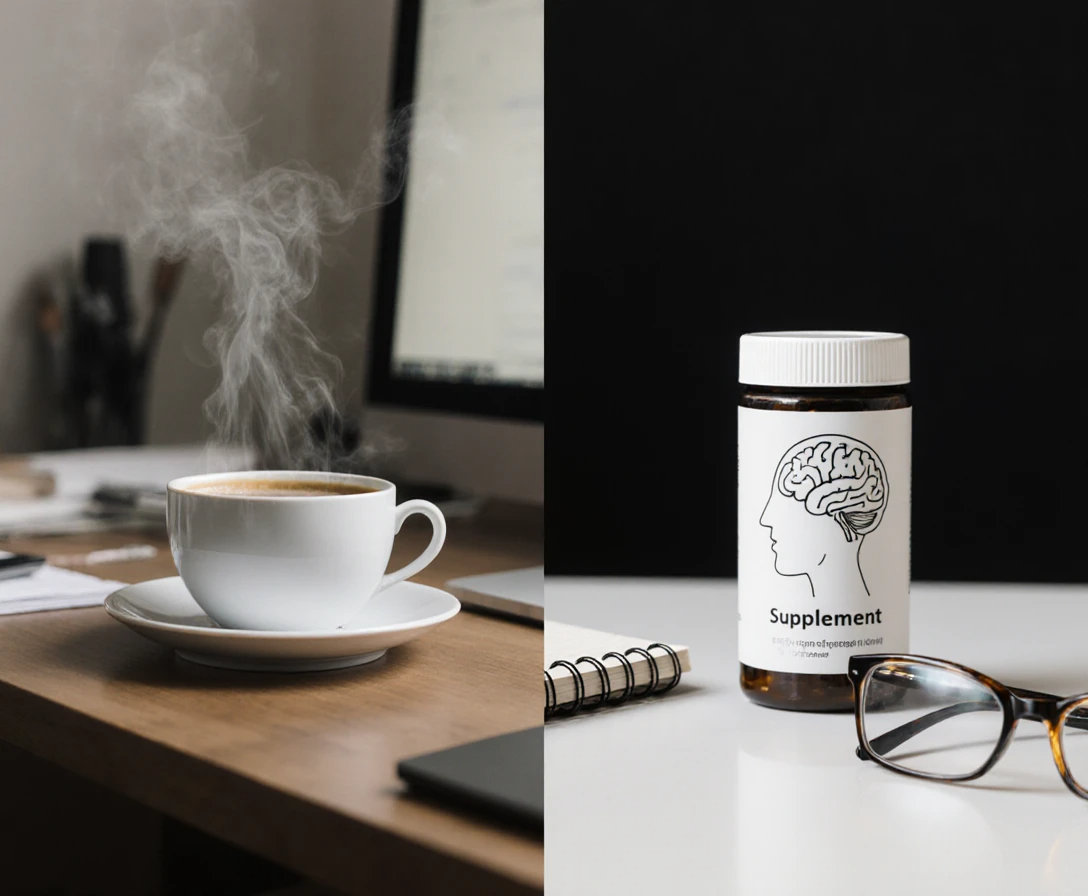 Side-by-side coffee cup and brain supplement bottle symbolizing Caffeine vs Nootropics for focus.