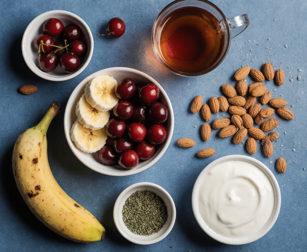 Sleep-friendly evening snacks including cherries, bananas, and herbal tea