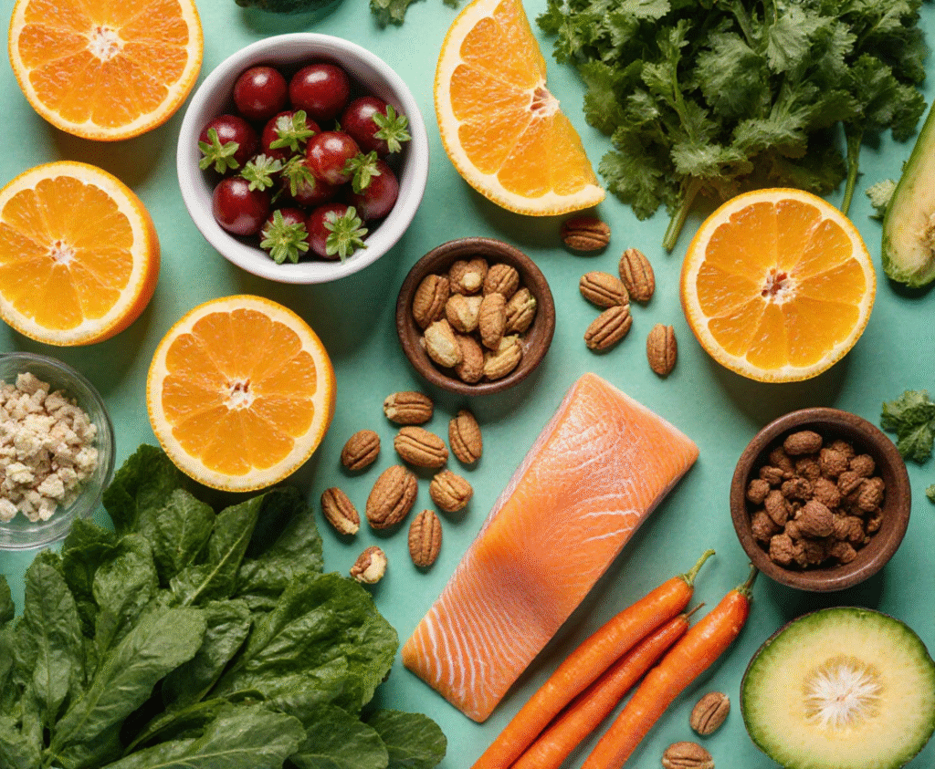 Variety of immunity-boosting foods including vitamin C rich fruits and omega-3 sources for women over 40. immunity nutrients 40s