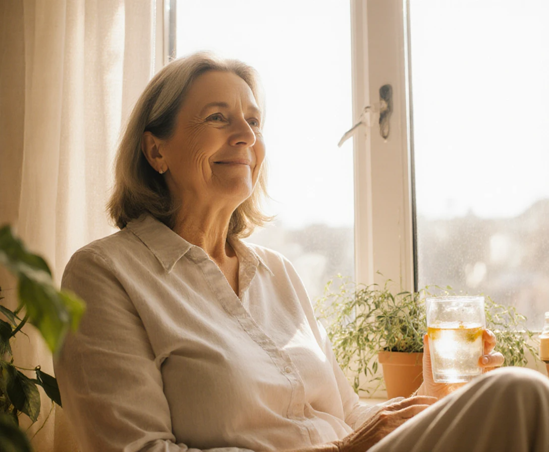 Woman enjoying gentle detox methods with infused water in a peaceful morning setting