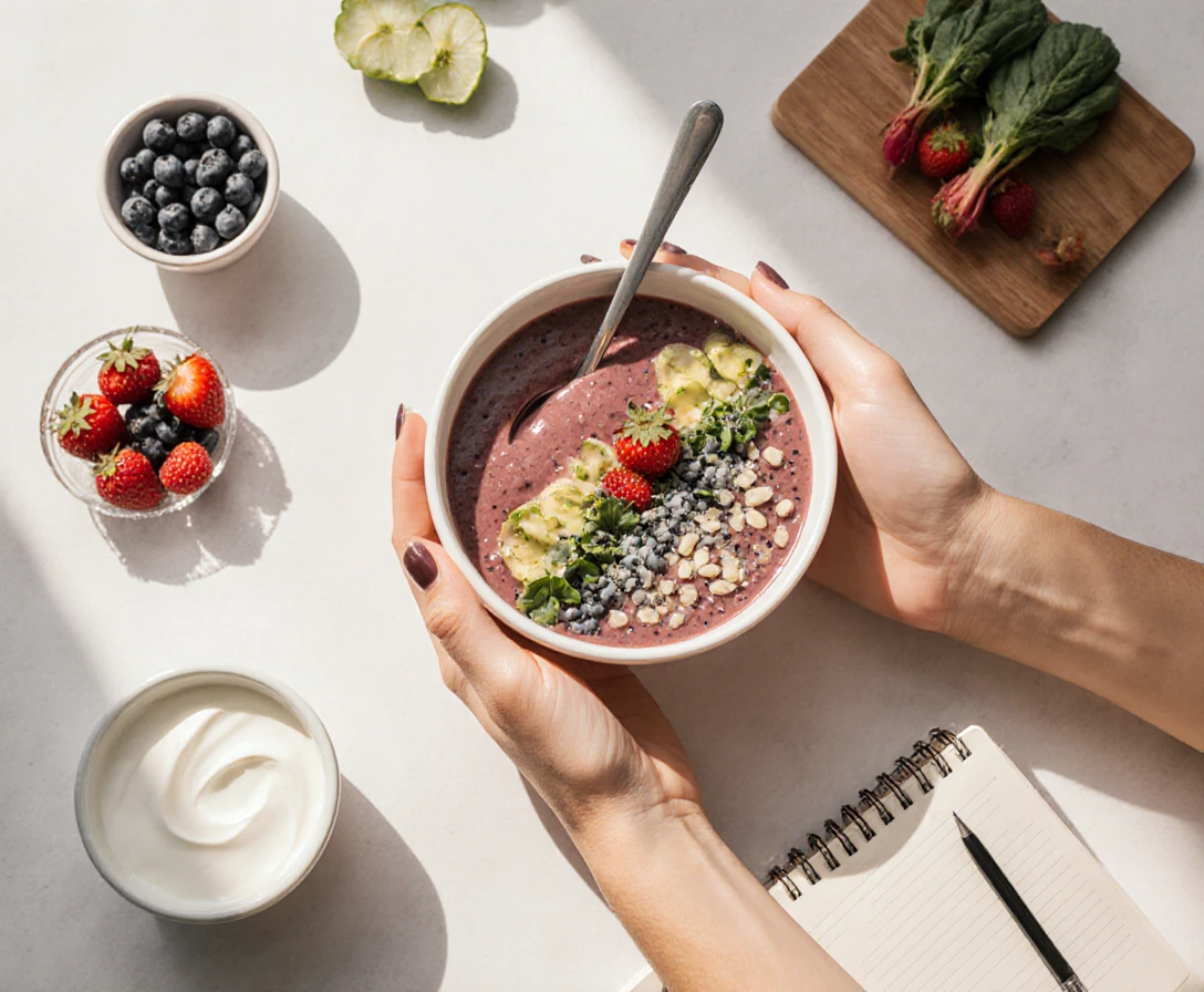 Woman enjoying gut-friendly breakfast with probiotic foods and healthy gut-friendly habits