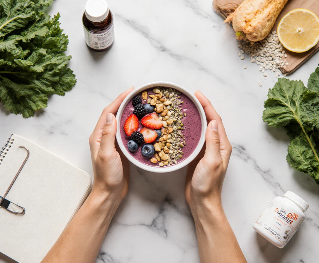 micronutrient deficiency signs. Woman holding nutrient-rich smoothie bowl surrounded by colorful fruits and vegetables representing micronutrient sources