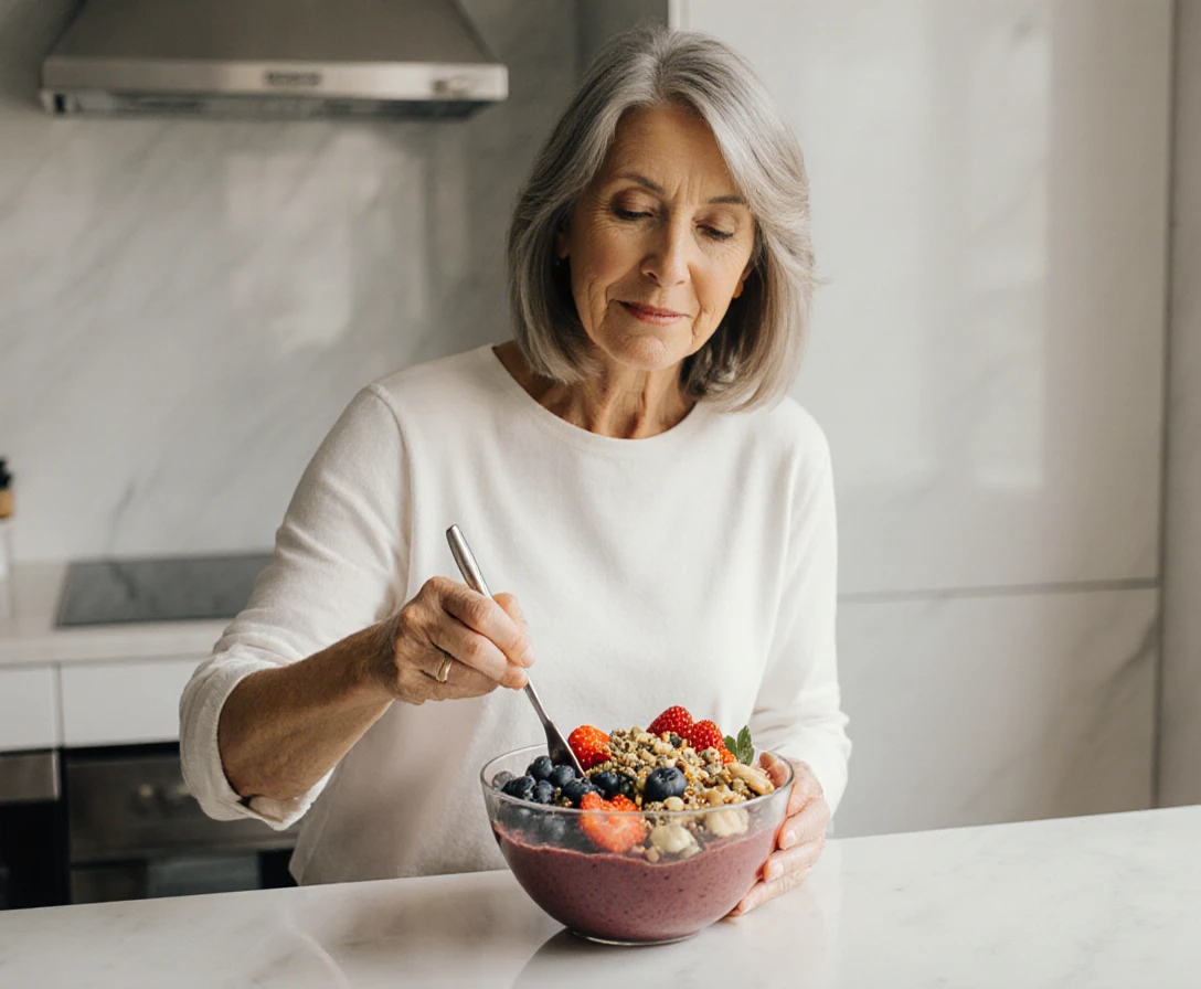 Woman in her 40s preparing nutrient-rich immunity-boosting smoothie bowl with colorful fruits