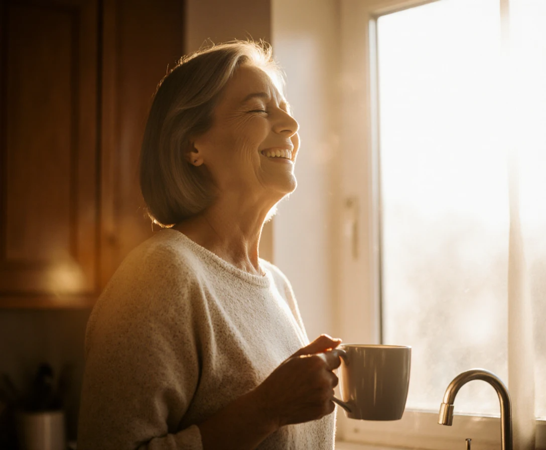 Woman over 35 soaking up morning window light for a quick energy reset. Natural Energy Hacks