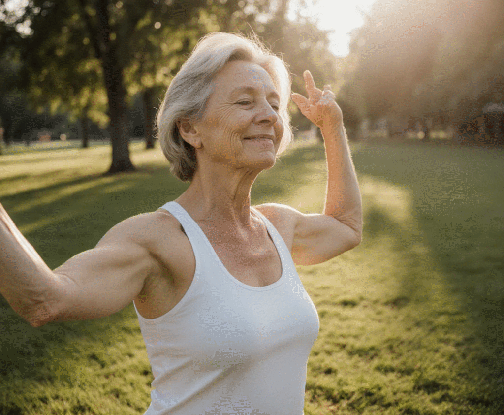 Woman practicing gentle movement outdoors as part of her gentle detox methods routine