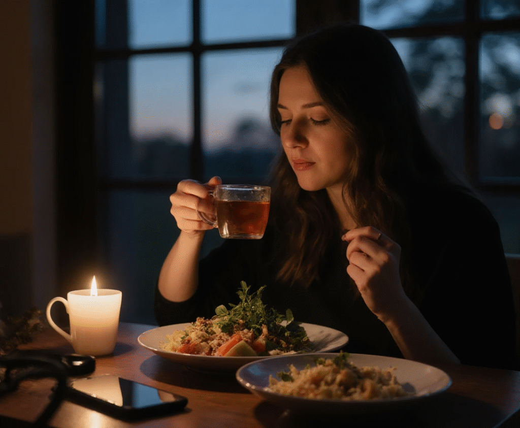 Woman practicing mindful eating for better gut health and digestion. gut-friendly habits