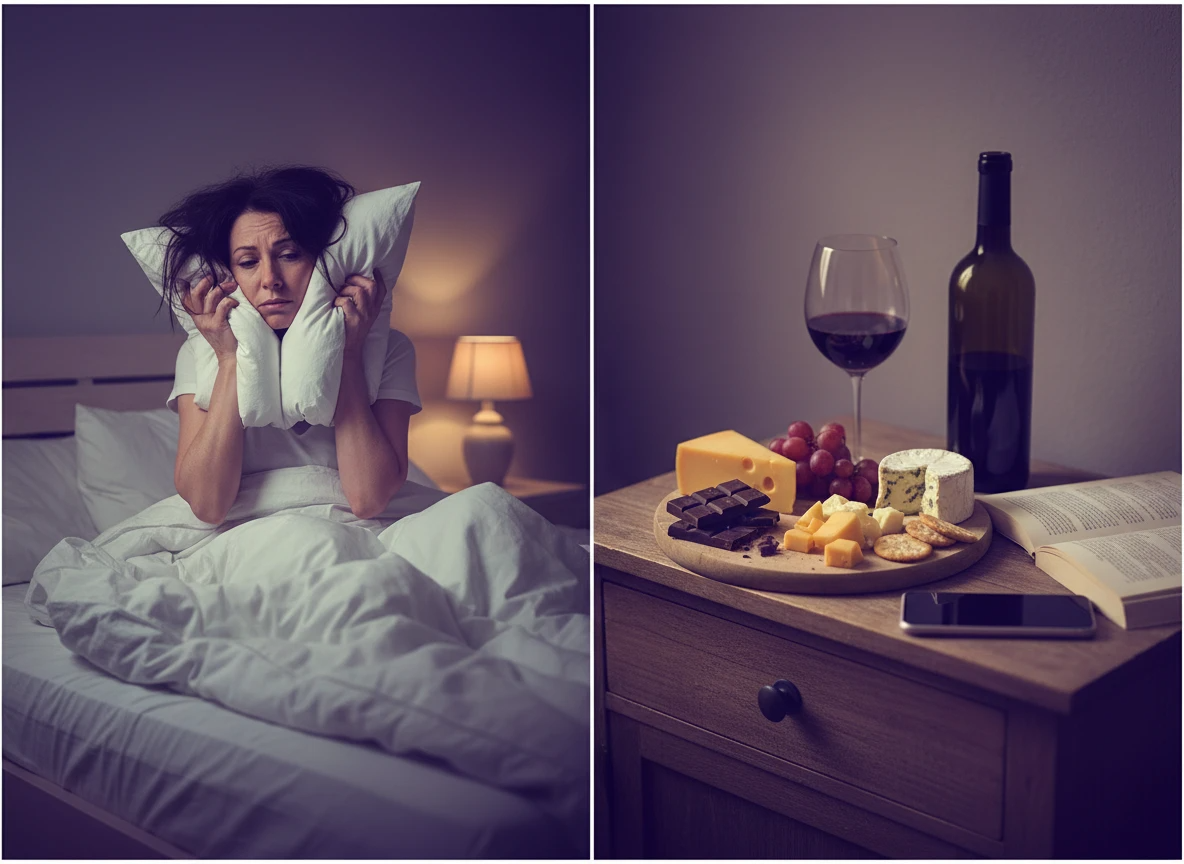 Evening foods that ruin sleep. Woman struggling to sleep with evening foods on nightstand that disrupt sleep quality