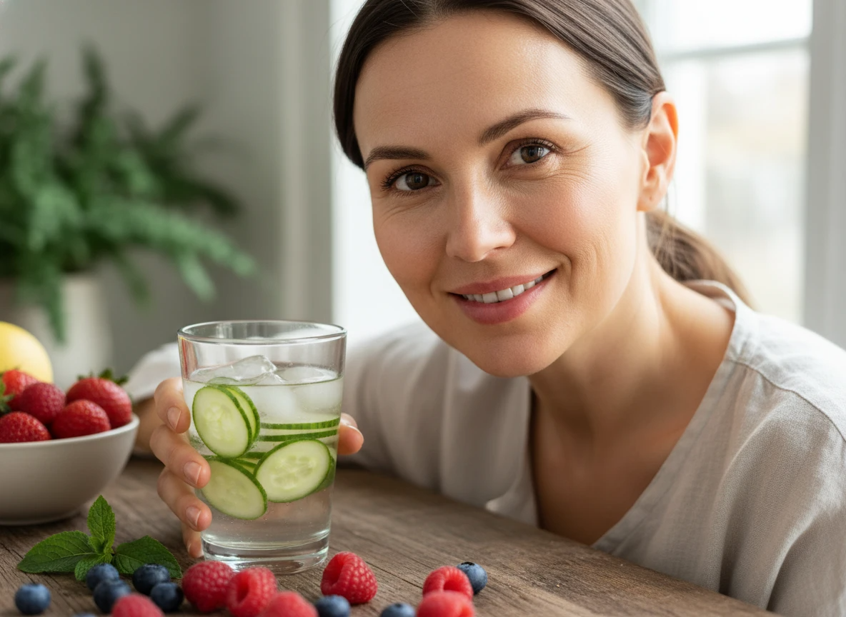 Woman with hydrated glowing skin holding water glass with fresh fruits showing skin hydration nutrients