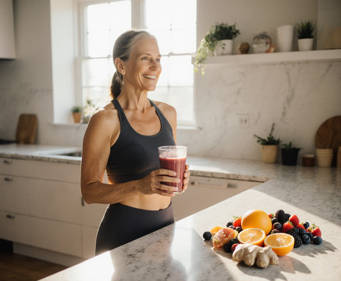 Woman enjoying morning immunity boost daily routine with healthy smoothie and fresh ingredients
